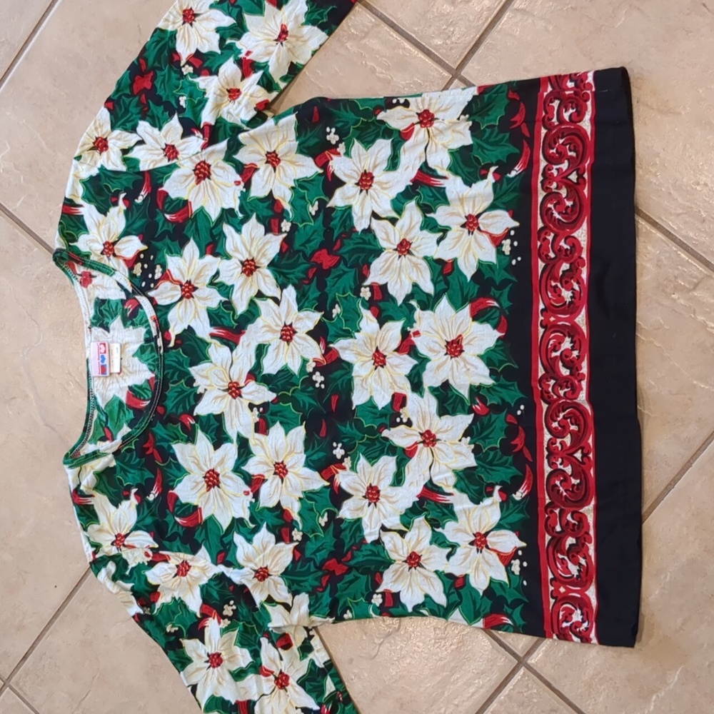 Vintage American Sweetheart Red & Green Christmas Poinsettia Top Size Large